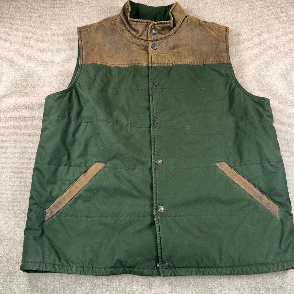 Ridgecut Toughwear Mens Large Green Canvas Quilted Workwear Vest Brown Yoke